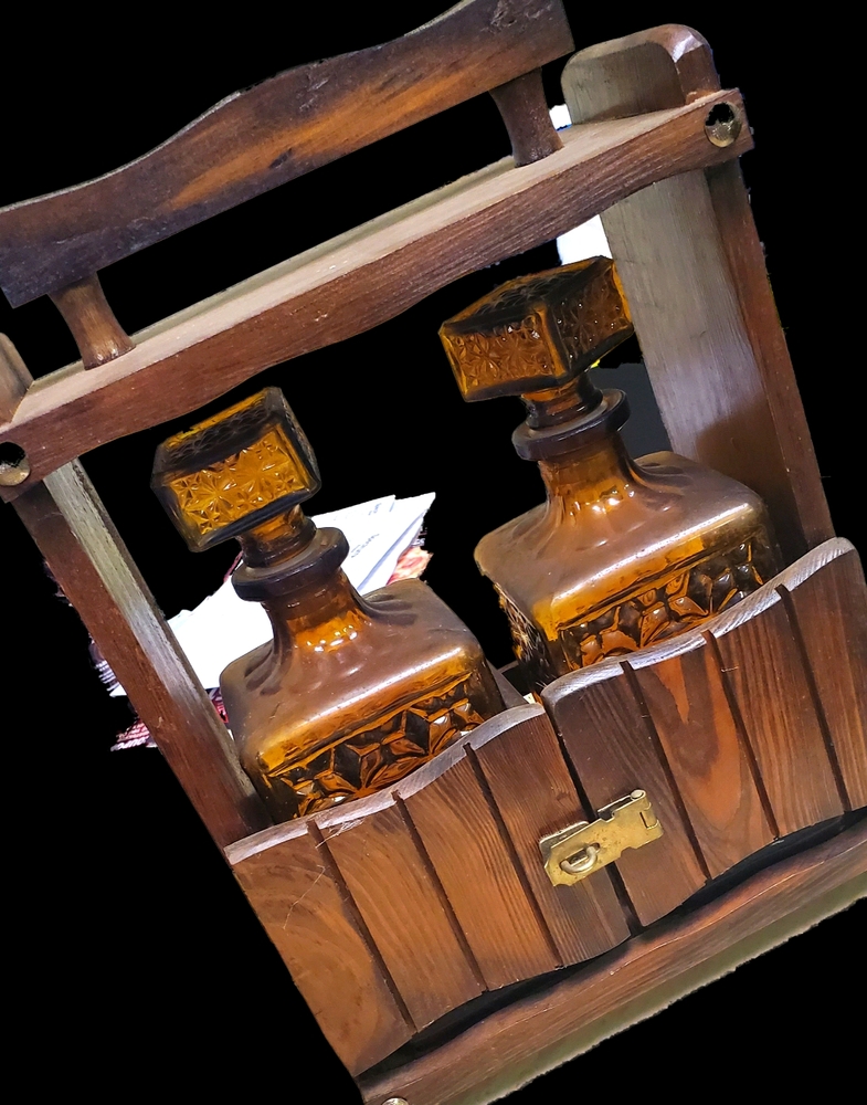 Liqueur glass bottles wood lockable cabinetVintage